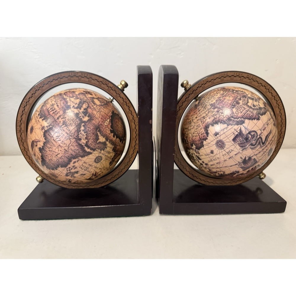 VTG Italian Style Old World Globe Wooden Book Ends Rotating Map Library Decor